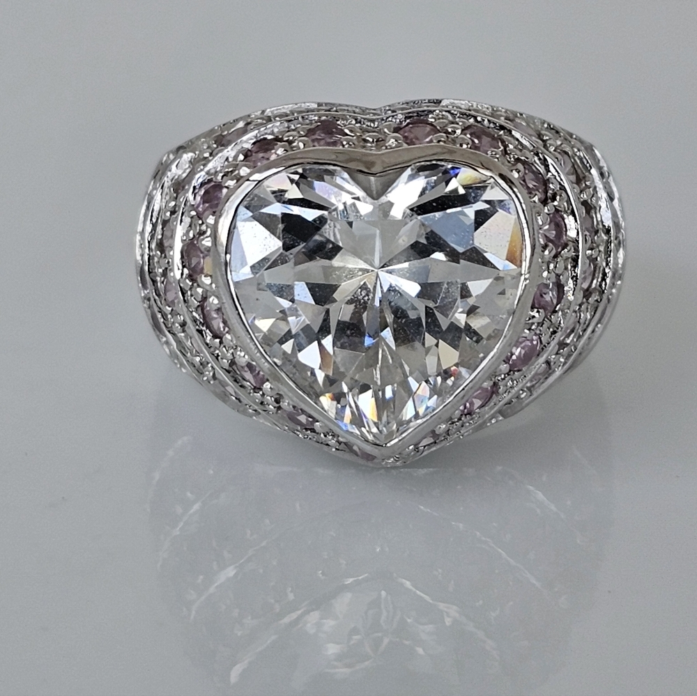 Perfect Heart Shaped Diamond & Pink Sapphire Simulant Ring Sterling Silver Sz 6! - Picture 5 of 6